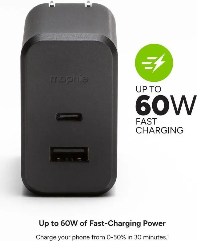 Alt view image 4 of 6 - Mophie GaN 60W USB C Charger Block with USB A Port - Fast Wall Charger for iPhone iPad Google Pixel Galaxy MacBook Pro Laptops and More - Compact Foldable Prongs Eco-Friendly Black