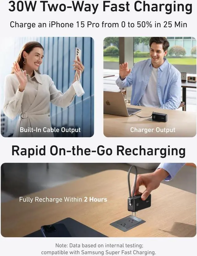 Alt view image 3 of 6 - Nano 3-in-1 Portable iPhone Charger 10 000mAh Power Bank with Built-in USB-C Cable and Foldable Wall Plug 30W Max Battery Pack Travel Essentials for iPhone 16/15 Series Galaxy MacBook