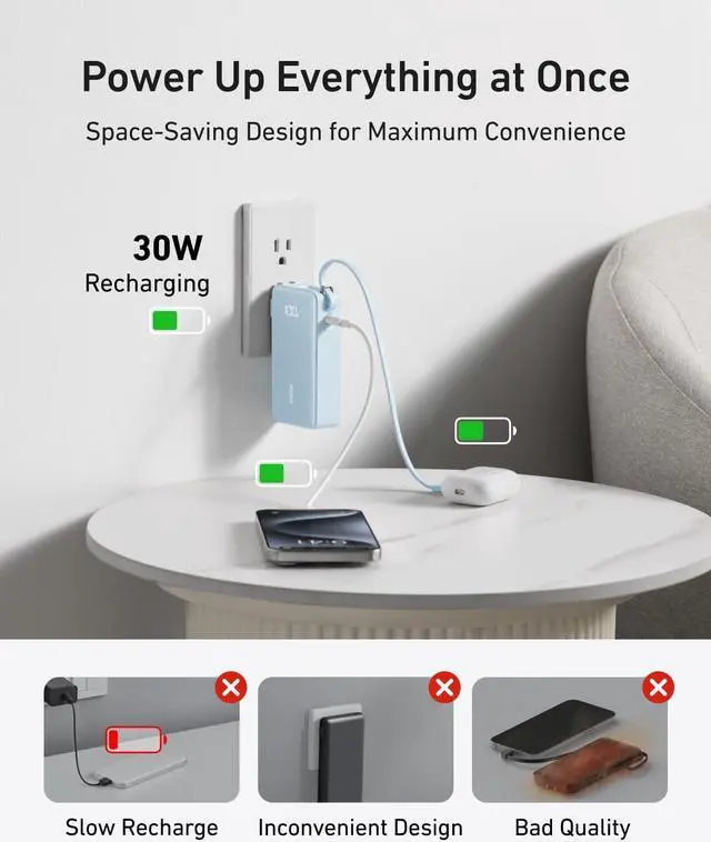 Alt view image 5 of 6 - Nano 3-in-1 Portable iPhone Charger 10 000mAh Power Bank with Built-in USB-C Cable and Foldable Wall Plug 30W Max Battery Pack Travel Essentials for iPhone 16/15 Series Galaxy MacBook