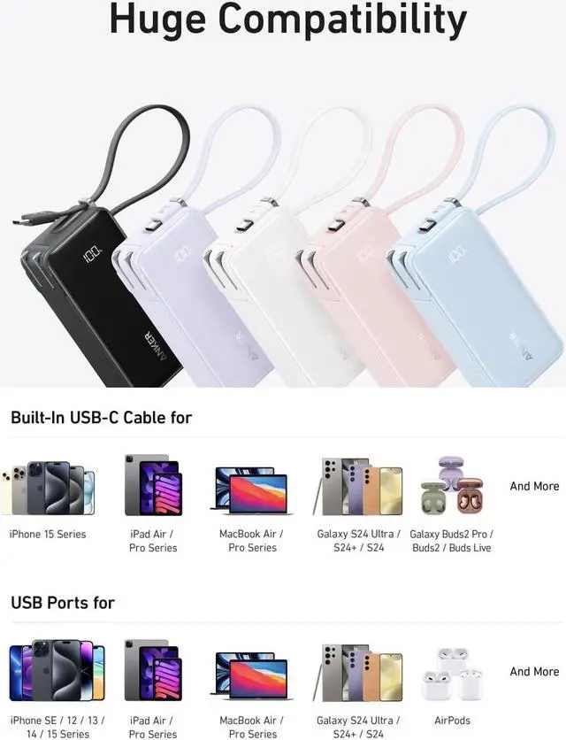 Alt view image 6 of 6 - Nano 3-in-1 Portable iPhone Charger 10 000mAh Power Bank with Built-in USB-C Cable and Foldable Wall Plug 30W Max Battery Pack Travel Essentials for iPhone 16/15 Series Galaxy MacBook