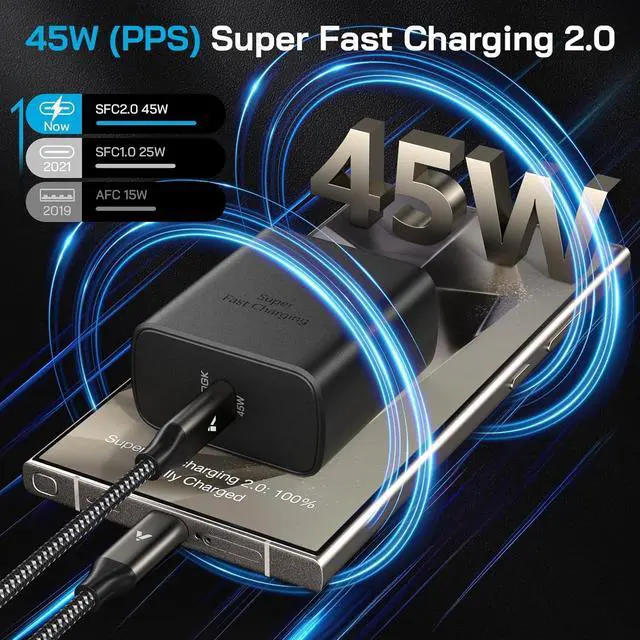 Alt view image 2 of 7 - 45W Super Fast Charger USB C 45 Watt Type-C Android Phone Charger Fast Charging Block with 10FT Type C Cords for  Galaxy S25 Ultra/S24 Ultra/S24+/S23 Ultra/S23+/S22 Plus/S20 Tab S9/S8 Ultra