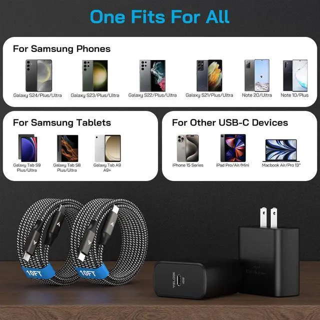 Alt view image 4 of 7 - 45W Super Fast Charger USB C 45 Watt Type-C Android Phone Charger Fast Charging Block with 10FT Type C Cords for  Galaxy S25 Ultra/S24 Ultra/S24+/S23 Ultra/S23+/S22 Plus/S20 Tab S9/S8 Ultra