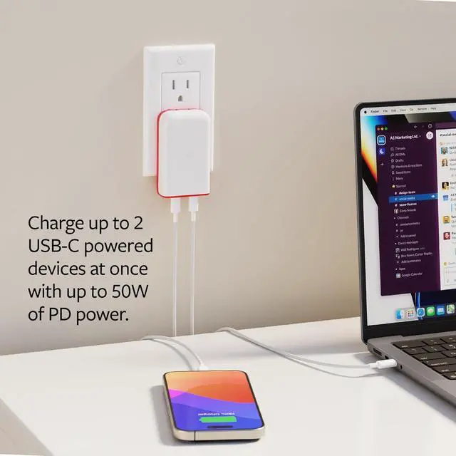 Alt view image 4 of 6 - PlugBug 50W USB-C Charger Block 2-Port Fast Charging Block Hub for iPhone iPad MacBook & More with Apple Find My Integration and Folding Prongs for Travel USB Type C Fast Charger