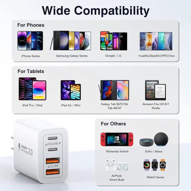 Alt view image 4 of 7 - [3-Pack] USB C Wall Charger 40W Fast USB C Charger Block 4-Port PD+QC Wall Plug Power Adapter Multiport Type C Charging Block for iPhone 16/15/14/13/12/Pro Max iPad  AirPods4 Watch10 Ultra2