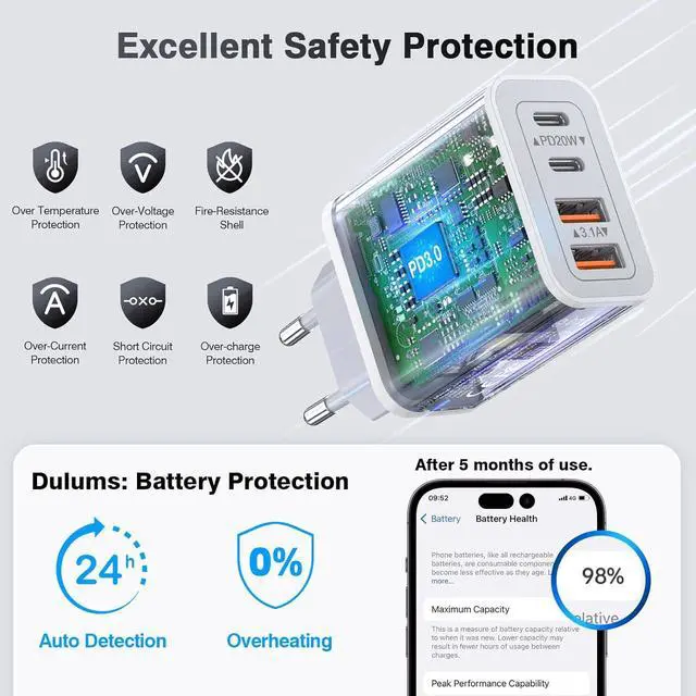 Alt view image 5 of 7 - [3-Pack] USB C Wall Charger 40W Fast USB C Charger Block 4-Port PD+QC Wall Plug Power Adapter Multiport Type C Charging Block for iPhone 16/15/14/13/12/Pro Max iPad  AirPods4 Watch10 Ultra2