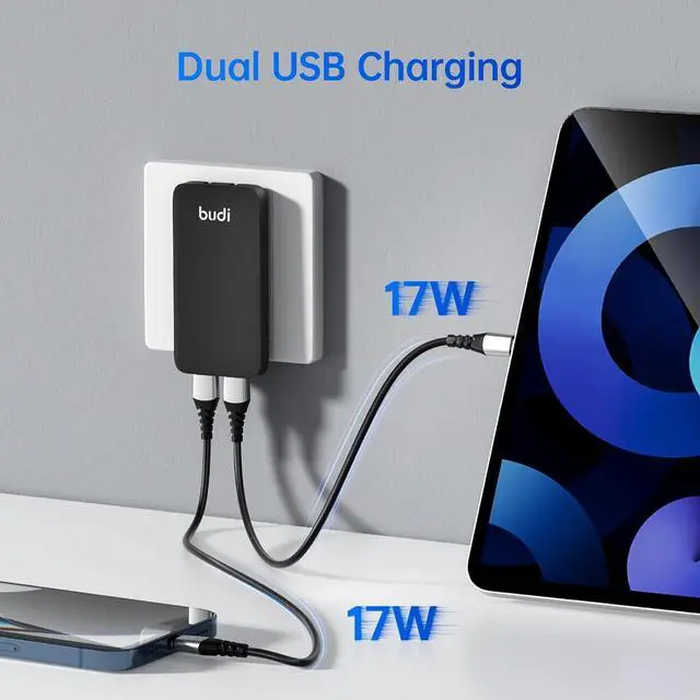 Alt view image 2 of 7 - 17W Extra Slim Portable Wall Charger 2-Port USB-A Charger Foldable Wall Plug Compatible with Home Camera iPhone IPad  Galaxy(Black USB-A)