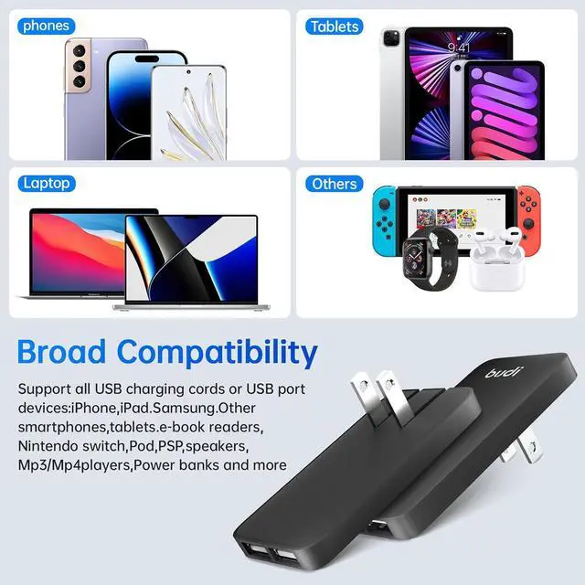 Alt view image 3 of 7 - 17W Extra Slim Portable Wall Charger 2-Port USB-A Charger Foldable Wall Plug Compatible with Home Camera iPhone IPad  Galaxy(Black USB-A)
