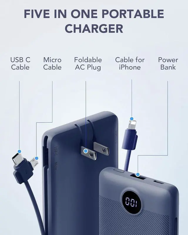 Alt view image 2 of 7 - Portable Charger Built-in Cables and AC Wall Plug USB C Power Bank 10000mAh Travel Battery Portable Phone Charger Compact Lightweight External Battery Pack for Smart Phones Tablets etc-Navy