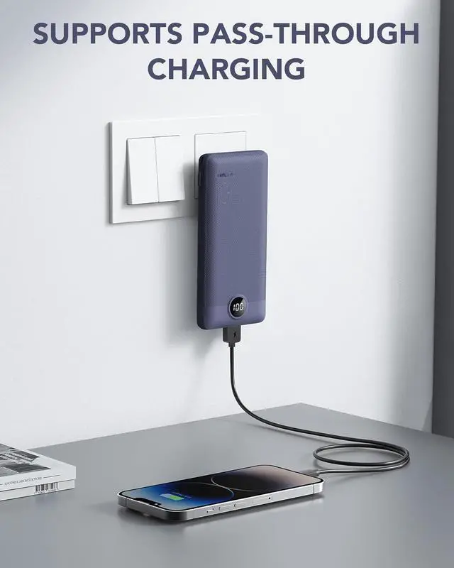 Alt view image 3 of 7 - Portable Charger Built-in Cables and AC Wall Plug USB C Power Bank 10000mAh Travel Battery Portable Phone Charger Compact Lightweight External Battery Pack for Smart Phones Tablets etc-Navy