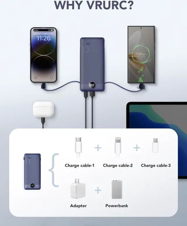 Alt view image 5 of 7 - Portable Charger Built-in Cables and AC Wall Plug USB C Power Bank 10000mAh Travel Battery Portable Phone Charger Compact Lightweight External Battery Pack for Smart Phones Tablets etc-Navy