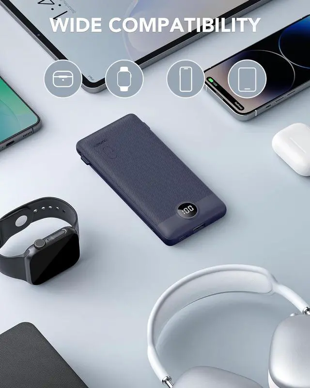 Alt view image 7 of 7 - Portable Charger Built-in Cables and AC Wall Plug USB C Power Bank 10000mAh Travel Battery Portable Phone Charger Compact Lightweight External Battery Pack for Smart Phones Tablets etc-Navy