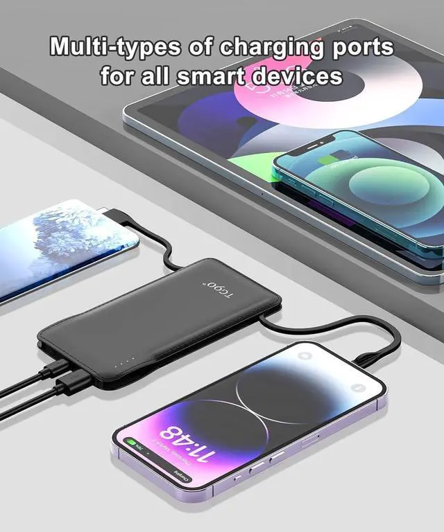 Alt view image 3 of 6 - TG90° Portable Charger with Cords 10000mAh Power Bank with Built in Cables Battery Backup Cell Phone External Battery Pack Compatible with iPhone 16 15 14 13 12 Samsung S22 S21 Google iPad etc