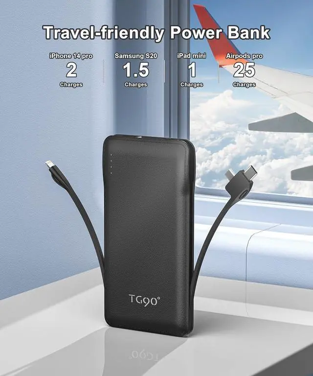Alt view image 5 of 6 - TG90° Portable Charger with Cords 10000mAh Power Bank with Built in Cables Battery Backup Cell Phone External Battery Pack Compatible with iPhone 16 15 14 13 12 Samsung S22 S21 Google iPad etc