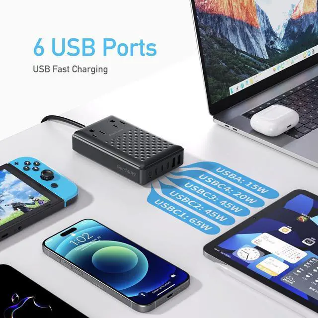 Alt view image 3 of 7 - Charging Station 140W USB C Charger Block Upgraded GaN III 8-in-1 Fast Charging Station HubPD 65W Laptop Charger Adapter Compatible with Compatible with MacBook Air/Pro iPhone16/15 Galaxy S24 etc