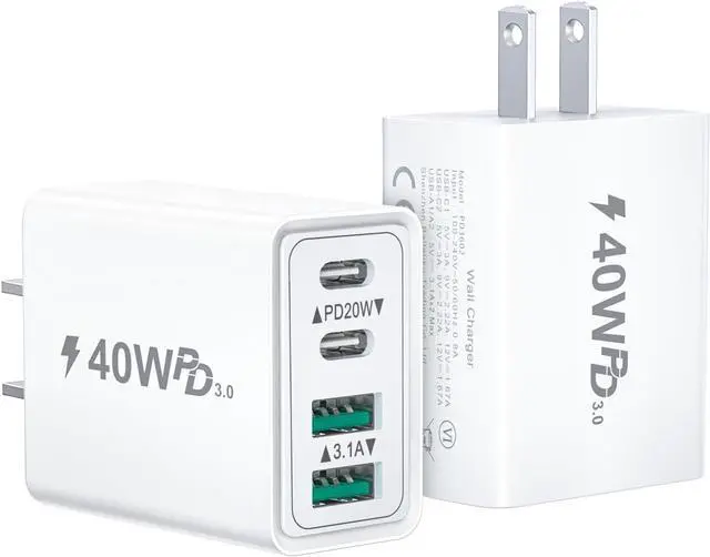Main image of USB C Charger Block 40W 2Pack 4-Port Type C Charger Fast Charging Block Dual USB-C Power Adapter & Double USB Wall Plug Multiport Cube USBC Brick for iPhone 16 15 14 13 12 11 Pro Max