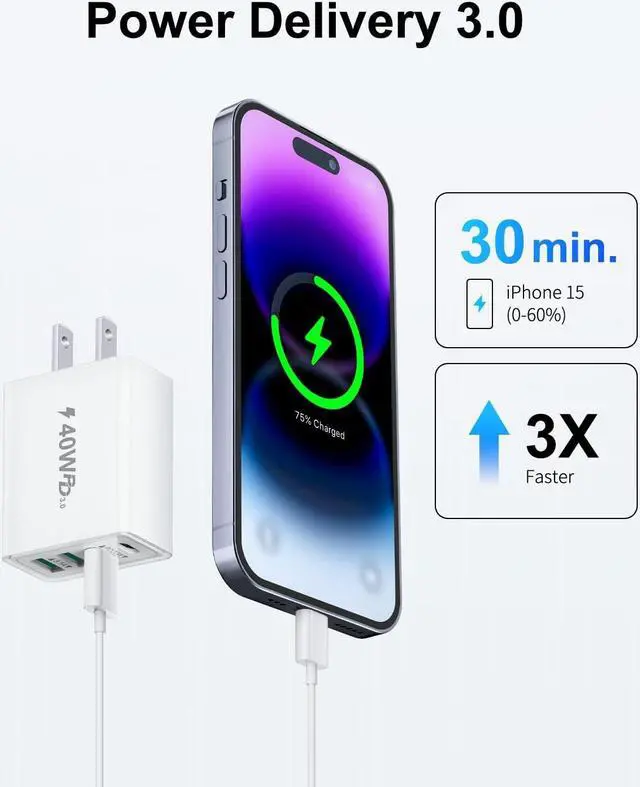 Alt view image 2 of 7 - USB C Charger Block 40W 2Pack 4-Port Type C Charger Fast Charging Block Dual USB-C Power Adapter & Double USB Wall Plug Multiport Cube USBC Brick for iPhone 16 15 14 13 12 11 Pro Max