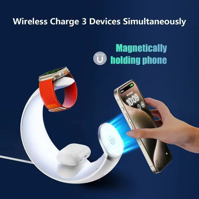 Alt view image 4 of 7 - 3 in 1 Wireless Charging Station for Apple iPhone 16/16 Pro Max/16 Pro/16 Plus/15/14/13/12/11/10/9/8/SE Apple Watch Airpods/Airpod Pro Charger Stand for Multiple Devices(Adapter Include)