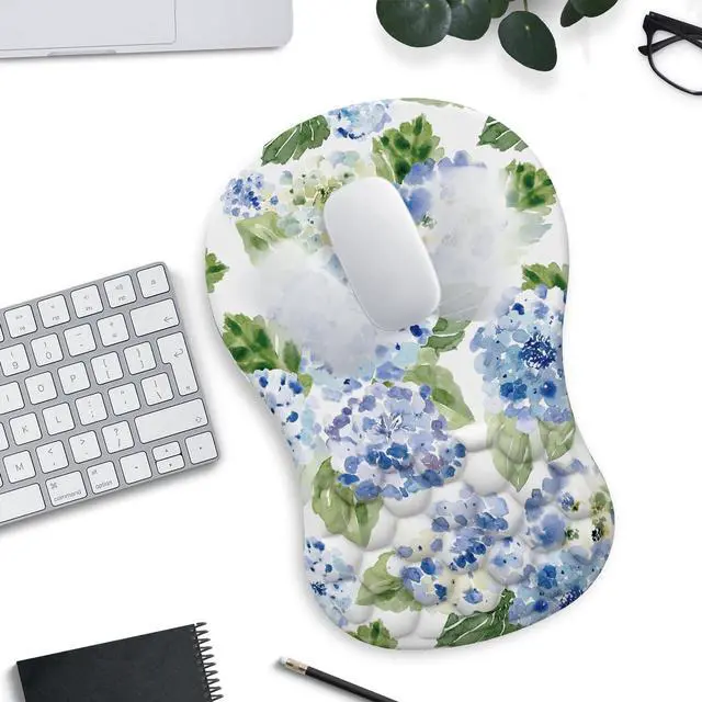 Alt view image 3 of 7 - Blue Hydrangea Ergonomic Mouse pad with Wrist Rest White Cute Blue Flower Mouse Pad Kawaii Wrist Rest Pain Relief Mousepad with Memory Foam Filled Accessories Wrist Rest for Mouse Pad 12.2 X 7.9In