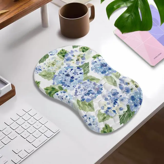 Alt view image 2 of 7 - Blue Hydrangea Ergonomic Mouse pad with Wrist Rest White Cute Blue Flower Mouse Pad Kawaii Wrist Rest Pain Relief Mousepad with Memory Foam Filled Accessories Wrist Rest for Mouse Pad 12.2 X 7.9In