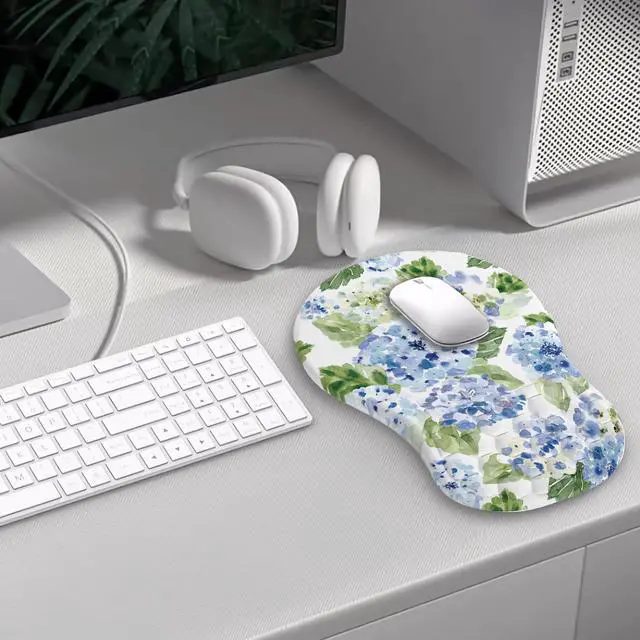 Alt view image 4 of 7 - Blue Hydrangea Ergonomic Mouse pad with Wrist Rest White Cute Blue Flower Mouse Pad Kawaii Wrist Rest Pain Relief Mousepad with Memory Foam Filled Accessories Wrist Rest for Mouse Pad 12.2 X 7.9In