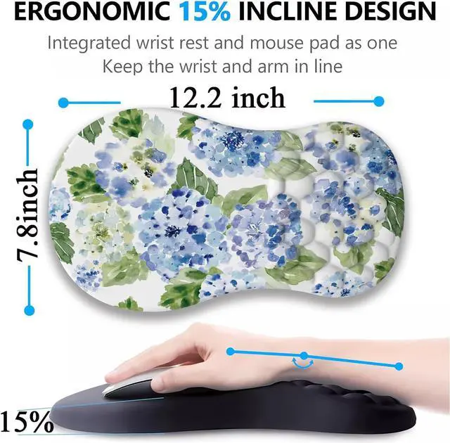 Alt view image 5 of 7 - Blue Hydrangea Ergonomic Mouse pad with Wrist Rest White Cute Blue Flower Mouse Pad Kawaii Wrist Rest Pain Relief Mousepad with Memory Foam Filled Accessories Wrist Rest for Mouse Pad 12.2 X 7.9In