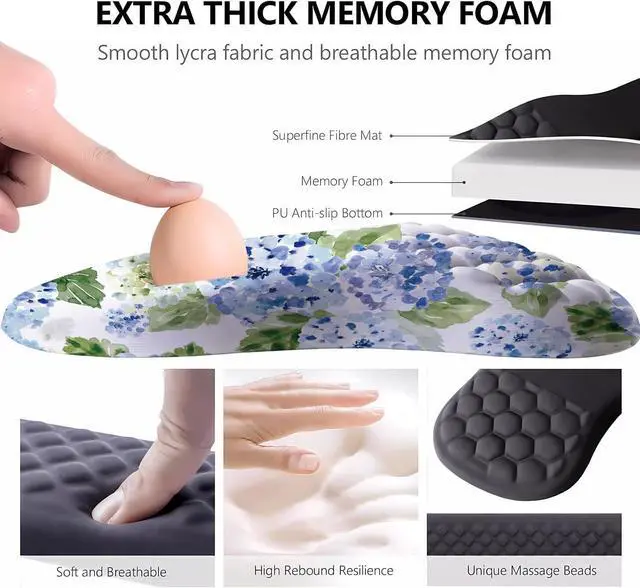 Alt view image 6 of 7 - Blue Hydrangea Ergonomic Mouse pad with Wrist Rest White Cute Blue Flower Mouse Pad Kawaii Wrist Rest Pain Relief Mousepad with Memory Foam Filled Accessories Wrist Rest for Mouse Pad 12.2 X 7.9In