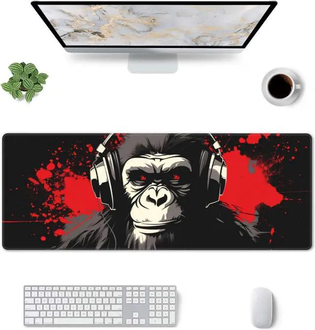 Alt view image 3 of 7 - Stylish Gorilla with Headphones Against Themed Mouse Pad 31.5 x 12 Inch Anti-Slip Rubber Base Ideal for Computer Laptop Office & Home Use