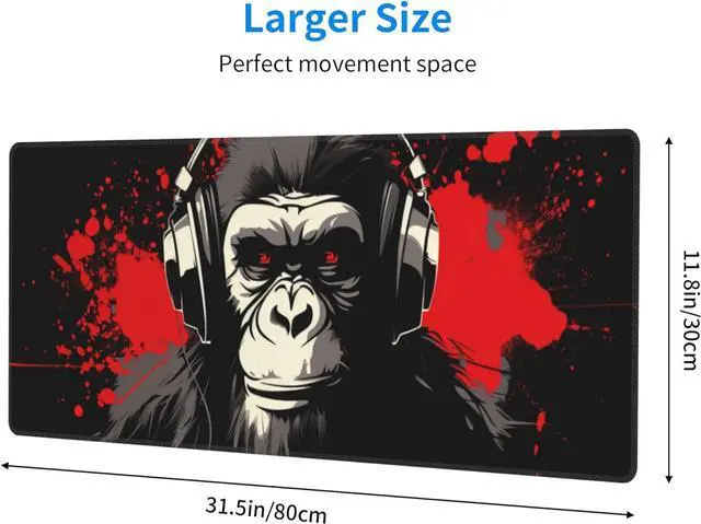 Alt view image 4 of 7 - Stylish Gorilla with Headphones Against Themed Mouse Pad 31.5 x 12 Inch Anti-Slip Rubber Base Ideal for Computer Laptop Office & Home Use