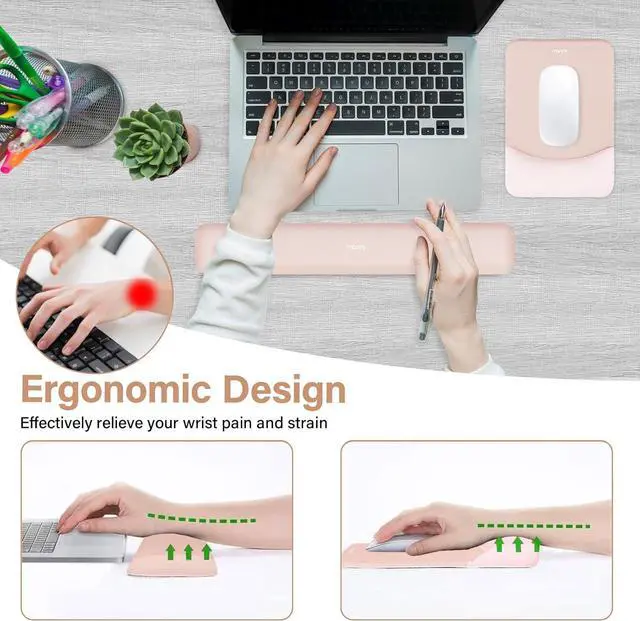 Alt view image 2 of 7 - Wrist Rest Support for Mouse Pad&Keyboard Set Rectangular Ergonomic Mousepad Non-Slip Base Home/Office Pain Relief&Easy Typing Pad with Neoprene Cloth&Raised Curved Memory Foam Apricot