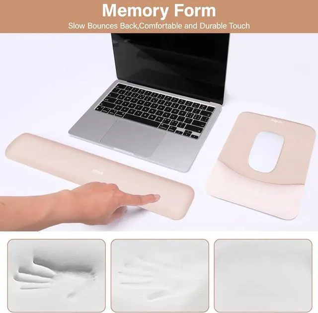 Alt view image 4 of 7 - Wrist Rest Support for Mouse Pad&Keyboard Set Rectangular Ergonomic Mousepad Non-Slip Base Home/Office Pain Relief&Easy Typing Pad with Neoprene Cloth&Raised Curved Memory Foam Apricot