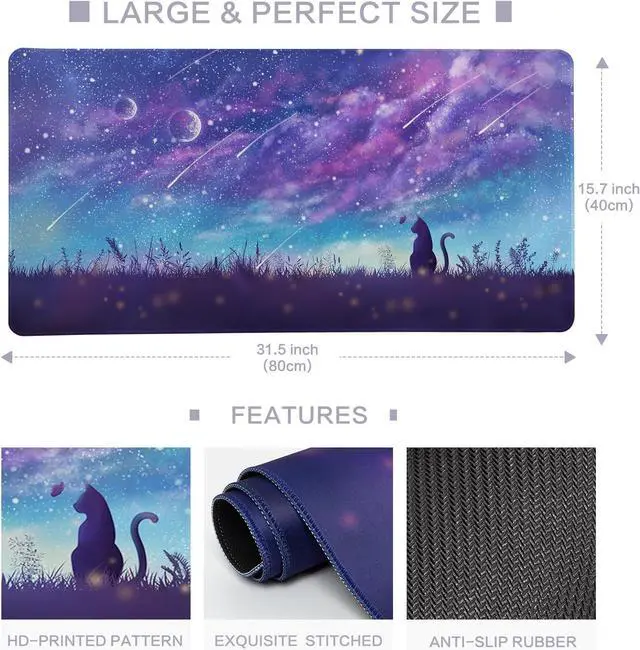 Alt view image 2 of 7 - Gaming Mouse Pad Large Mouse Pad for Desk Desk Mat Extended Mousepad Cute Purple Mouse Pad with Non-Slip Rubber Base XL Desk Pad for Home Office Gaming (31.5x15.7 Cat)