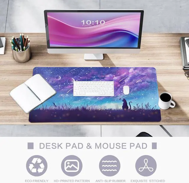 Alt view image 5 of 7 - Gaming Mouse Pad Large Mouse Pad for Desk Desk Mat Extended Mousepad Cute Purple Mouse Pad with Non-Slip Rubber Base XL Desk Pad for Home Office Gaming (31.5x15.7 Cat)