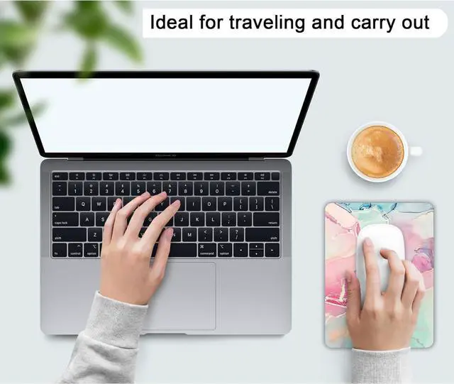 Alt view image 6 of 7 - Small Mouse Pad Mini Mouse Pad 6 X 8 Inch with Non-Slip Rubber Base for Keyboard Tray Laptops Wireless Mouse Home Office Travel Washable & Portable (Pink Green Marble)