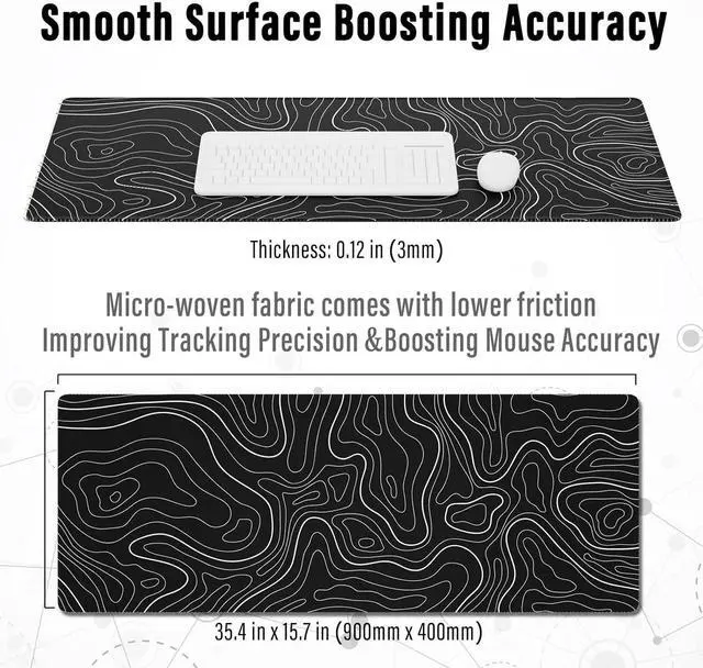 Alt view image 4 of 7 - Large Gaming Mouse Pad with Stitched Edges Minimalist Topographic Map Mouse Pad Extended XL Mousepad with Anti-Slip Base Cool Mouse Pad for Keyboard and Mouse 35.4 x 15.7 in Black