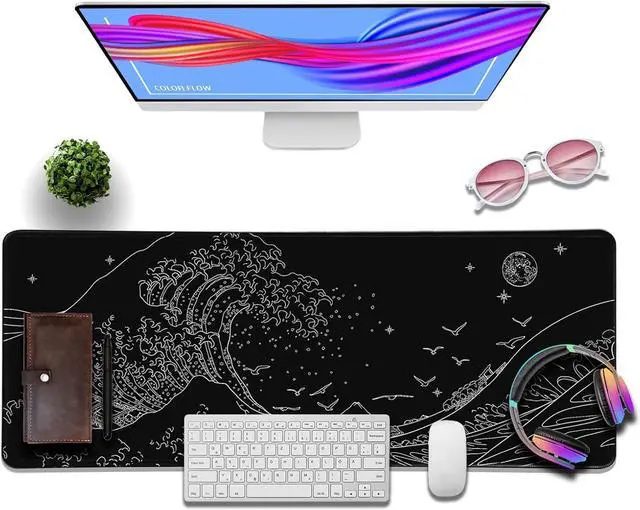 Alt view image 2 of 7 - ? Large Gaming Mouse Pad for Computer Black Japanese Sea Wave Anime Mouse Mat Long XXL Waterproof Keyboard Pads Big Non-Slip Mouse Pads for Game Office Home31.5 x 11.9 in