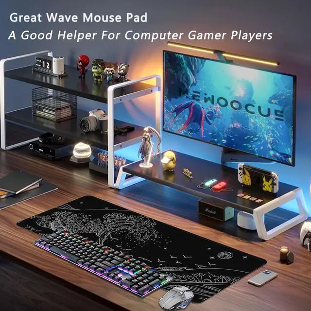 Alt view image 3 of 7 - ? Large Gaming Mouse Pad for Computer Black Japanese Sea Wave Anime Mouse Mat Long XXL Waterproof Keyboard Pads Big Non-Slip Mouse Pads for Game Office Home31.5 x 11.9 in