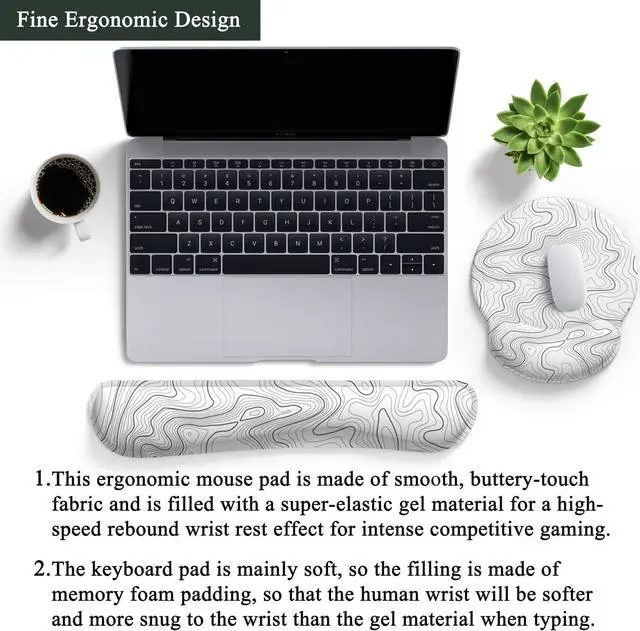 Alt view image 3 of 6 - Ergonomic White Topographic Mouse Pad Wrist Support Keyboard Wrist Rest Set White Gaming Mouse Pad With Non-Slip Pu Base for Computer Comfortable Mouse Wrist Rest Easy Typing & Pain Relief Mouse Pad.