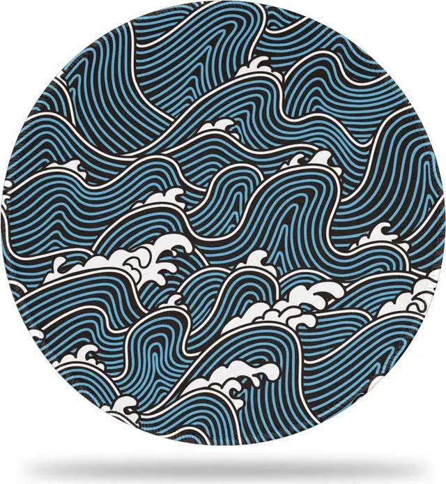 Main image of Desk Mat Rough Sea Waves Round Gaming Mouse Pad 8.8 Blue Line Ocean Waves Round Mouse Pad with Non-Slip Base and Stitched Edge Round Computer Keyboard Mouse Mat for Home Office Work 0.12 Thick