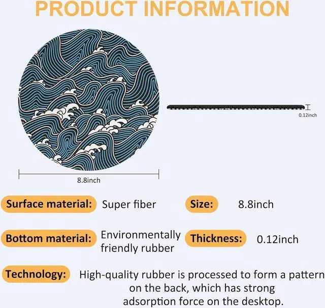 Alt view image 2 of 7 - Desk Mat Rough Sea Waves Round Gaming Mouse Pad 8.8 Blue Line Ocean Waves Round Mouse Pad with Non-Slip Base and Stitched Edge Round Computer Keyboard Mouse Mat for Home Office Work 0.12 Thick