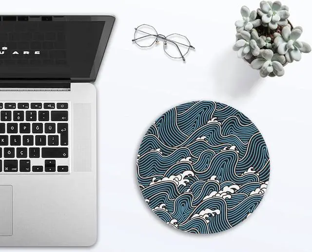 Alt view image 3 of 7 - Desk Mat Rough Sea Waves Round Gaming Mouse Pad 8.8 Blue Line Ocean Waves Round Mouse Pad with Non-Slip Base and Stitched Edge Round Computer Keyboard Mouse Mat for Home Office Work 0.12 Thick