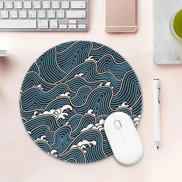 Alt view image 4 of 7 - Desk Mat Rough Sea Waves Round Gaming Mouse Pad 8.8 Blue Line Ocean Waves Round Mouse Pad with Non-Slip Base and Stitched Edge Round Computer Keyboard Mouse Mat for Home Office Work 0.12 Thick