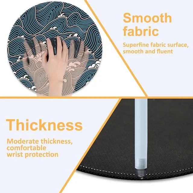 Alt view image 5 of 7 - Desk Mat Rough Sea Waves Round Gaming Mouse Pad 8.8 Blue Line Ocean Waves Round Mouse Pad with Non-Slip Base and Stitched Edge Round Computer Keyboard Mouse Mat for Home Office Work 0.12 Thick