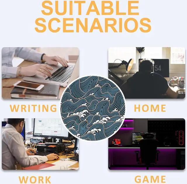 Alt view image 7 of 7 - Desk Mat Rough Sea Waves Round Gaming Mouse Pad 8.8 Blue Line Ocean Waves Round Mouse Pad with Non-Slip Base and Stitched Edge Round Computer Keyboard Mouse Mat for Home Office Work 0.12 Thick