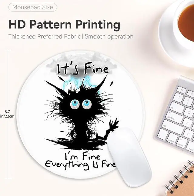 Alt view image 2 of 6 - Black Cat Round Mouse Pad Funny Small Mouse Pad with Non-Slip Rubber Base Mouse Mat Home Office Decor Desk Accessories 8.7inch Round Mouse Pad