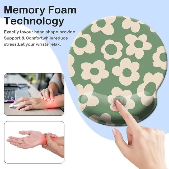 Alt view image 4 of 7 - Green Mouse Pad Wrist Support Ergonomic Mouse Pad with Wrist Rest Comfortable Mousepad with Smooth Wrist Rest Pain Relief Mouse Pads for Non-Slip Base Computer Laptop Office(Vintage Groovy Flowers)