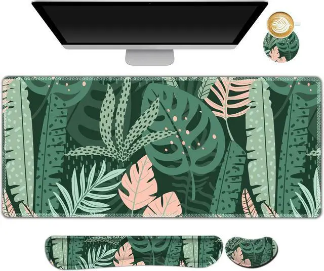 Main image of Large Gaming Mouse Pad Set Keyboard Wrist Rest Support Mouse Pad Ergonomic Memory Foam Multifunctional Extended Desk Mat 35x15.7in Anti-Slip Rubber Base for Office Home Pink Green Leaves