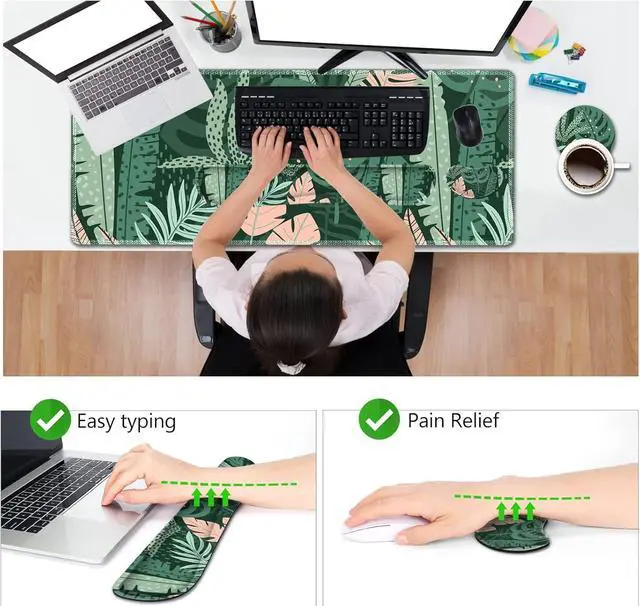 Alt view image 2 of 7 - Large Gaming Mouse Pad Set Keyboard Wrist Rest Support Mouse Pad Ergonomic Memory Foam Multifunctional Extended Desk Mat 35x15.7in Anti-Slip Rubber Base for Office Home Pink Green Leaves