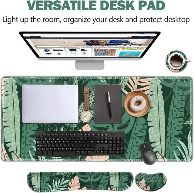 Alt view image 3 of 7 - Large Gaming Mouse Pad Set Keyboard Wrist Rest Support Mouse Pad Ergonomic Memory Foam Multifunctional Extended Desk Mat 35x15.7in Anti-Slip Rubber Base for Office Home Pink Green Leaves