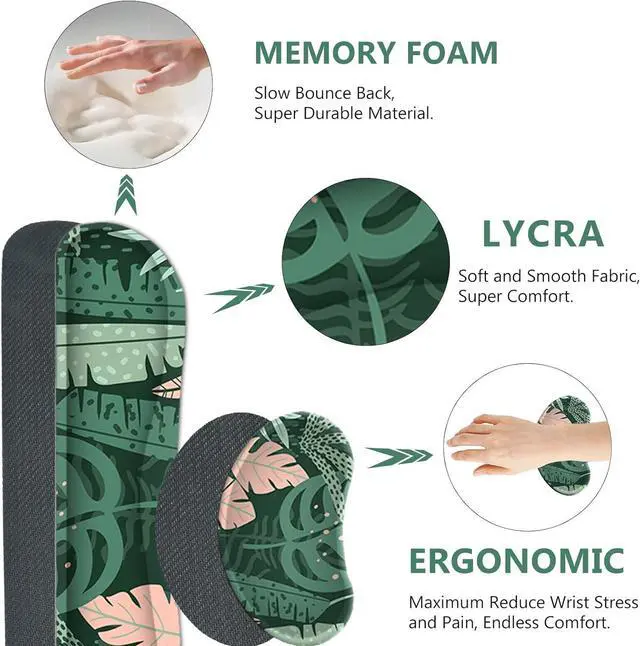 Alt view image 5 of 7 - Large Gaming Mouse Pad Set Keyboard Wrist Rest Support Mouse Pad Ergonomic Memory Foam Multifunctional Extended Desk Mat 35x15.7in Anti-Slip Rubber Base for Office Home Pink Green Leaves