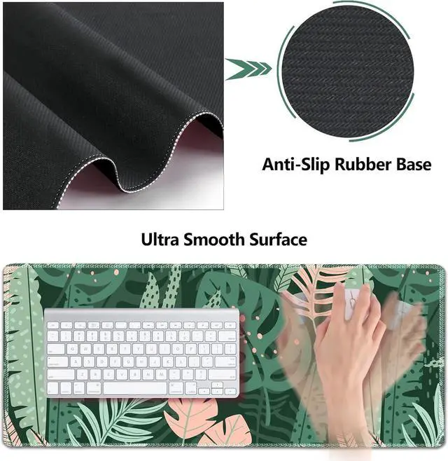 Alt view image 4 of 7 - Large Gaming Mouse Pad Set Keyboard Wrist Rest Support Mouse Pad Ergonomic Memory Foam Multifunctional Extended Desk Mat 35x15.7in Anti-Slip Rubber Base for Office Home Pink Green Leaves